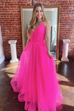 Simple v-neck tulle long prom dresses fuchsia formal dress mg167