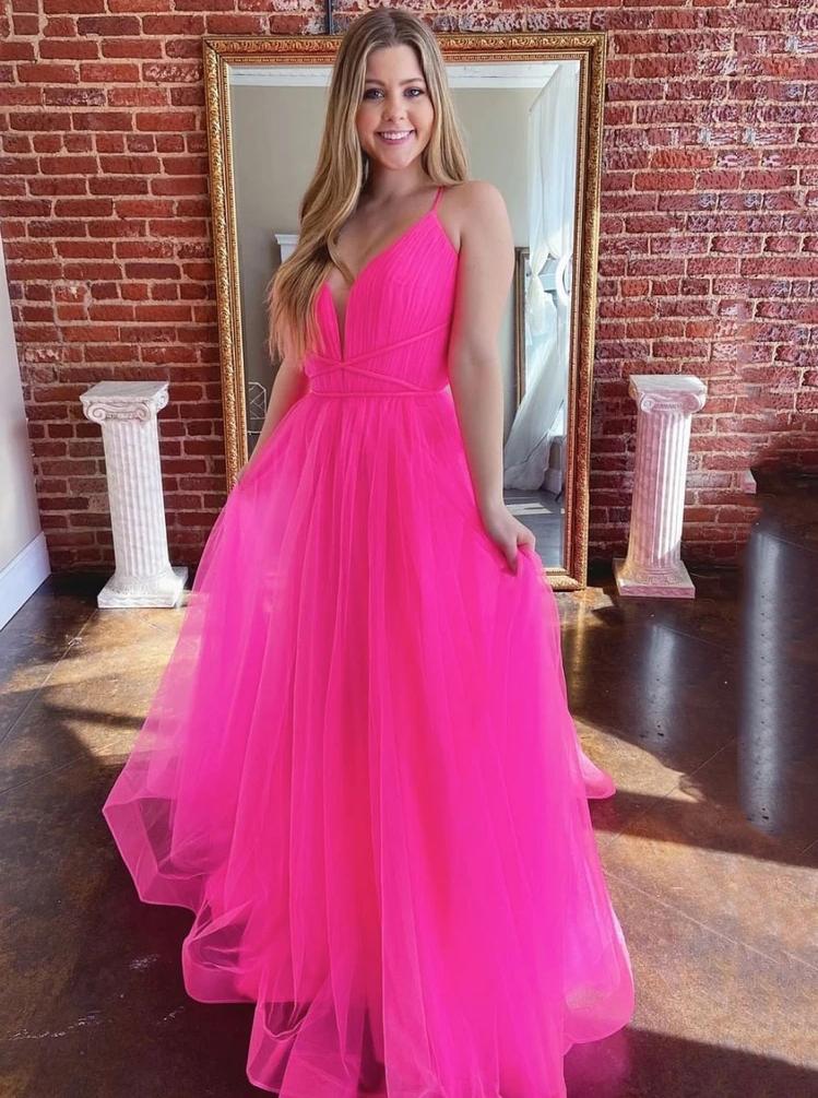 Simple v-neck tulle long prom dresses fuchsia formal dress mg167