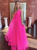 Simple v-neck tulle long prom dresses fuchsia formal dress mg167