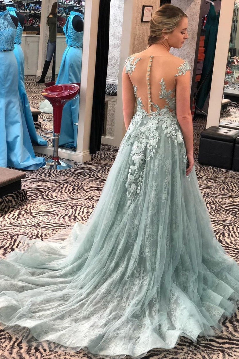 Illusion neckine prom dresses lace appliques formal dresses long evening gowns mg184