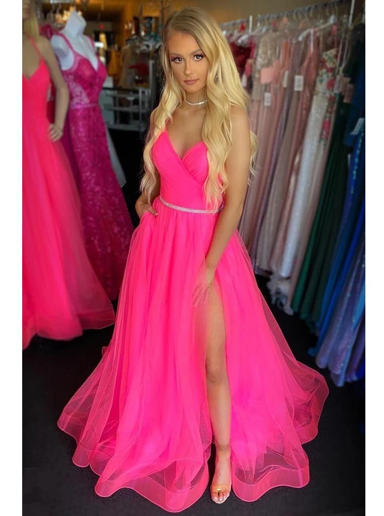 Fuchsia backless long prom dresses with split, tulle graduation gown mg164