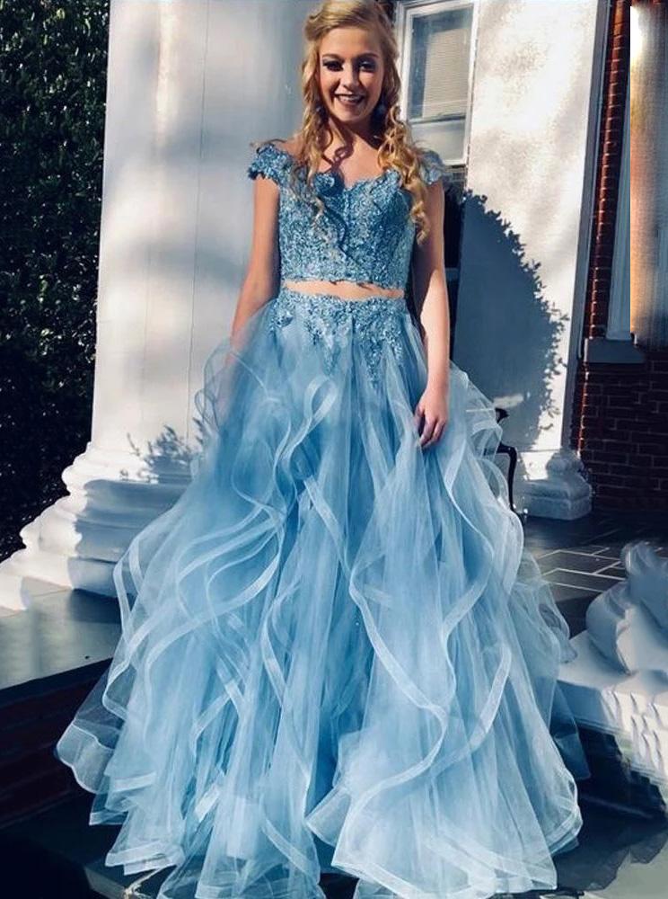Off-the-Shoulder Ruffled Tulle Lace Beaded Two Piece Blue Prom Dresses MP99