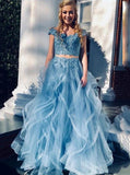 Off-the-Shoulder Ruffled Tulle Lace Beaded Two Piece Blue Prom Dresses MP99