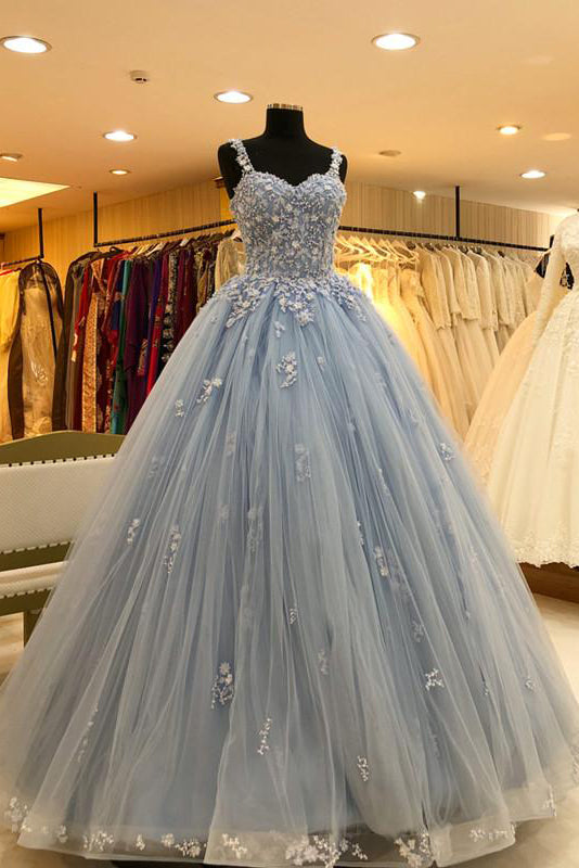 Straps Sweetheart Long Prom Dress, Ball Gown Appliques Quinceanera Dress MG241
