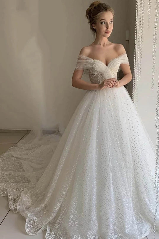princess off shoulder tulle long wedding dress long beading evening gown