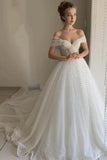 princess off shoulder tulle long wedding dress long beading evening gown