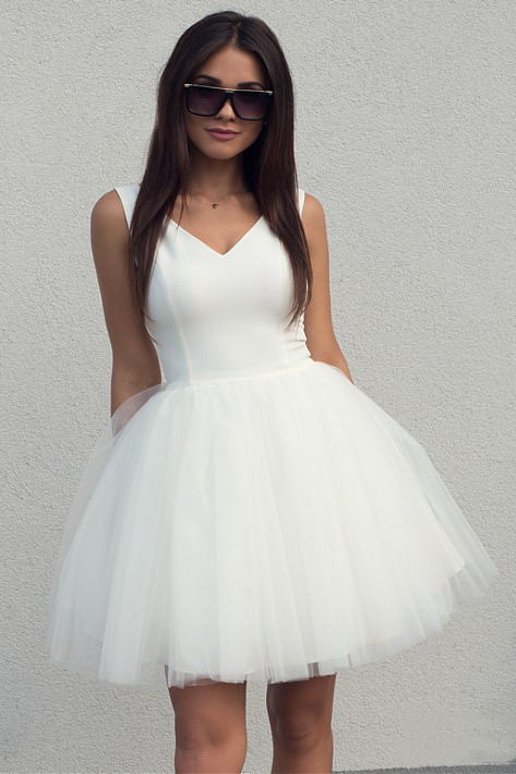 simple a line v neck white short prom dress tulle homecoming dress