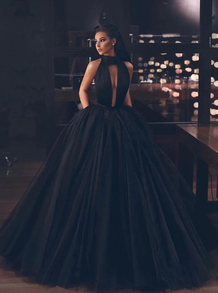 Halter Black Backless Prom Dresses With Pockets, Tulle Black Long Formal Gown MP125
