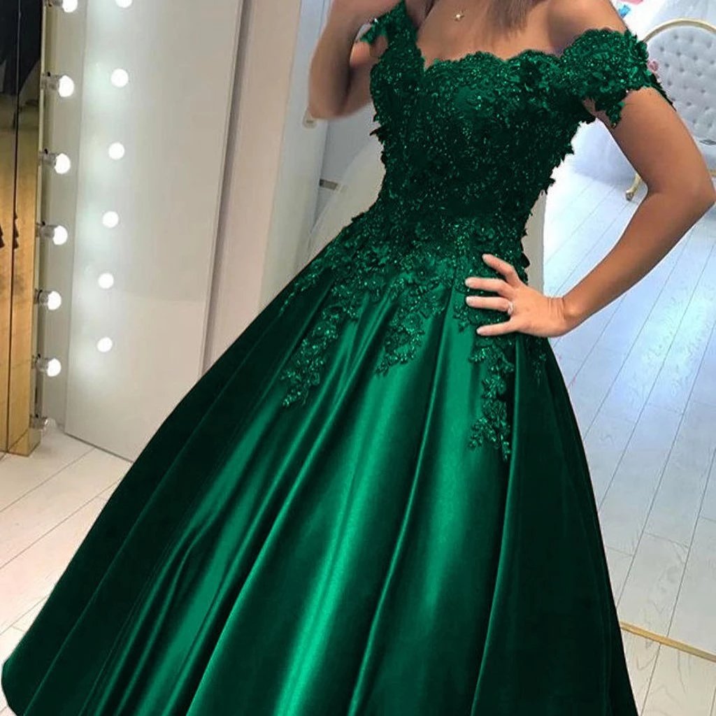 Off Shoulder Green Ball Gown Appliqued Prom Formal Dresses MP129