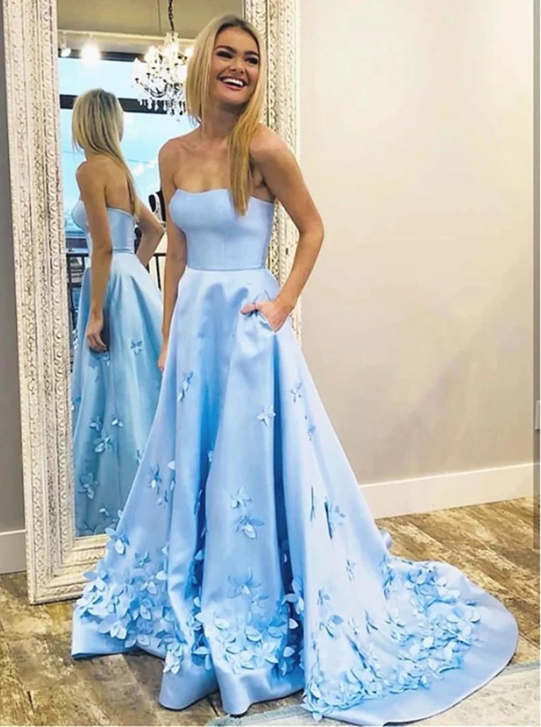 A Line 3D Flowers Sky Blue Strapless Long Prom Dresses with Pockets MP131