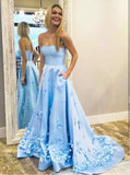 A Line 3D Flowers Sky Blue Strapless Long Prom Dresses with Pockets MP131