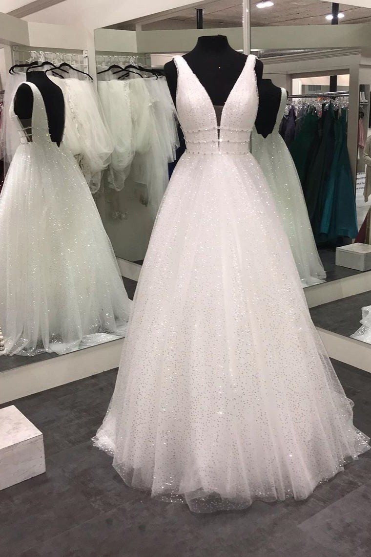 sparkly tulle a line v neck white backless sequin wedding dresses