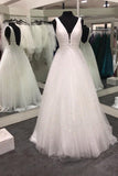 sparkly tulle a line v neck white backless sequin wedding dresses