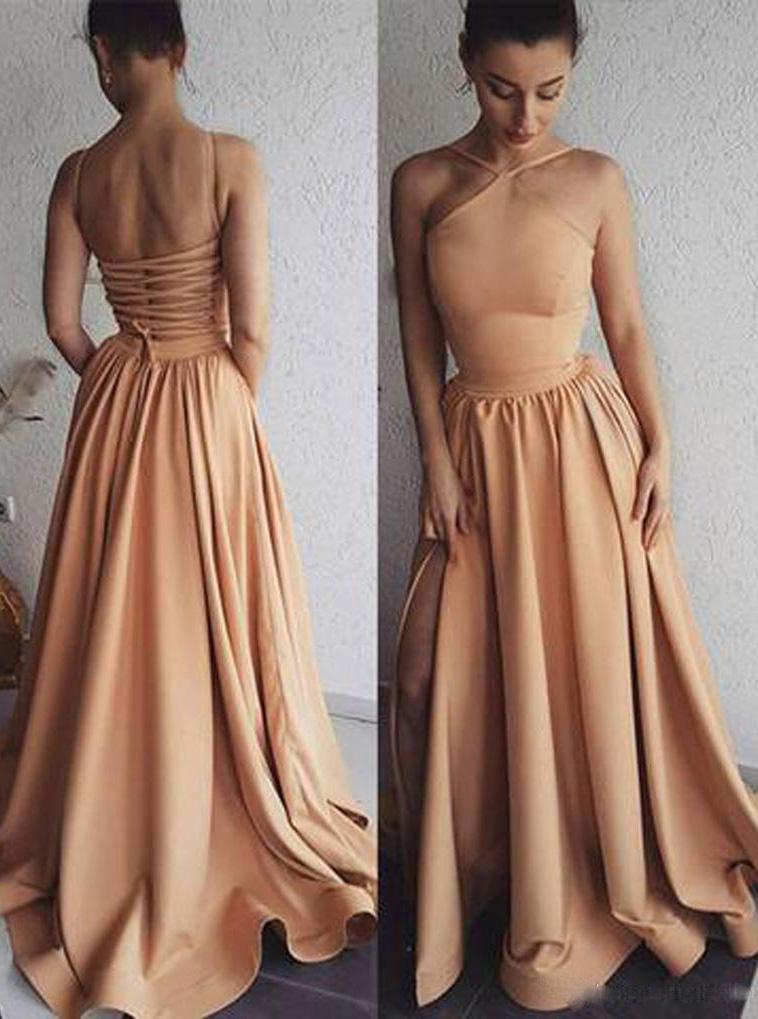 A-line Halter Satin Long Prom Evening Dresses with Split MP100