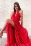 A-line Red Chiffon Simple Long Prom Dresses, Evening Dress With Split MP71