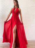 A-line Red Chiffon Simple Long Prom Dresses, Evening Dress With Split MP71