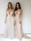 Long Sleeves Tulle A-line Deep V-neck Long Prom Dresses With Beading MP20