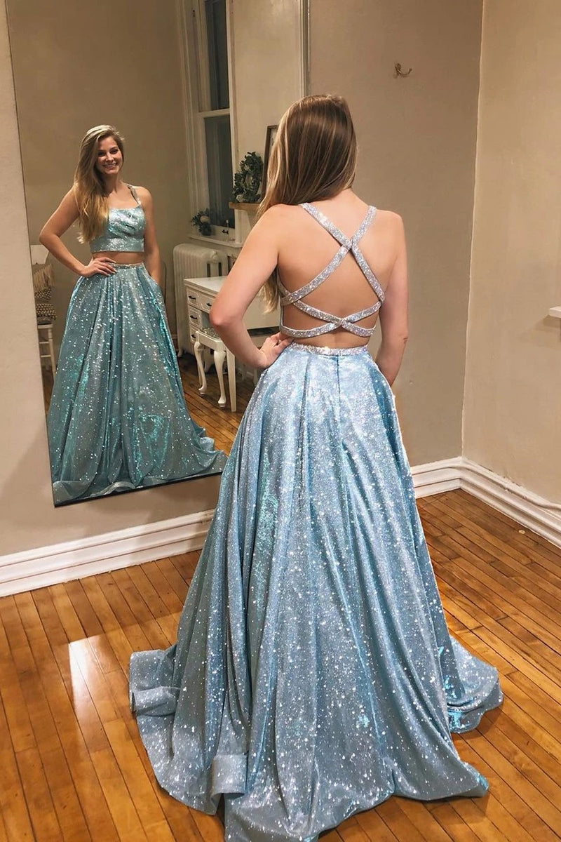 Glitter mint green a-line two piece sparkle prom dresses with pockets mg131