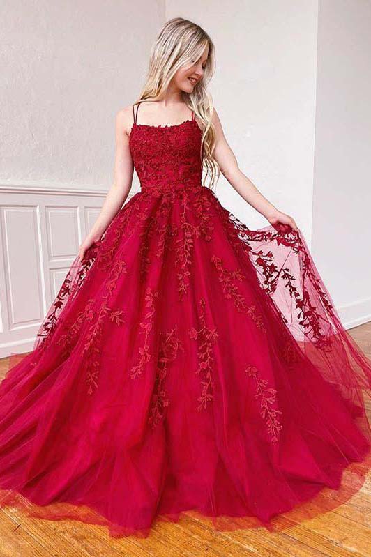 Spaghetti-straps Tulle Burgundy Long Prom Dresses With Appliques MP138