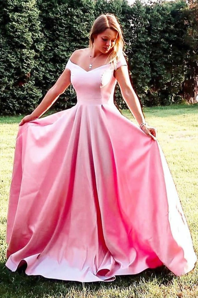 A-line off shoulder pink long prom dress, simple long graduation gown mg186