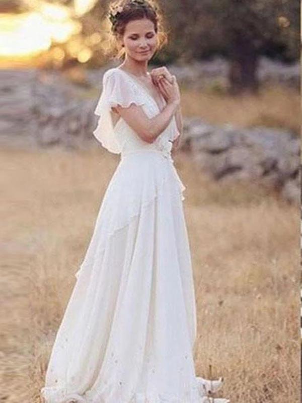 Flowy Flounce Sleeve Beach Wedding Dresses With Appliques PW81