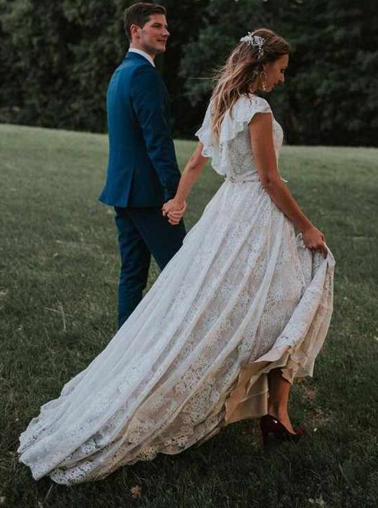 Ruffled Backless Beach Lace Boho Vintage Wedding Dresses PW10