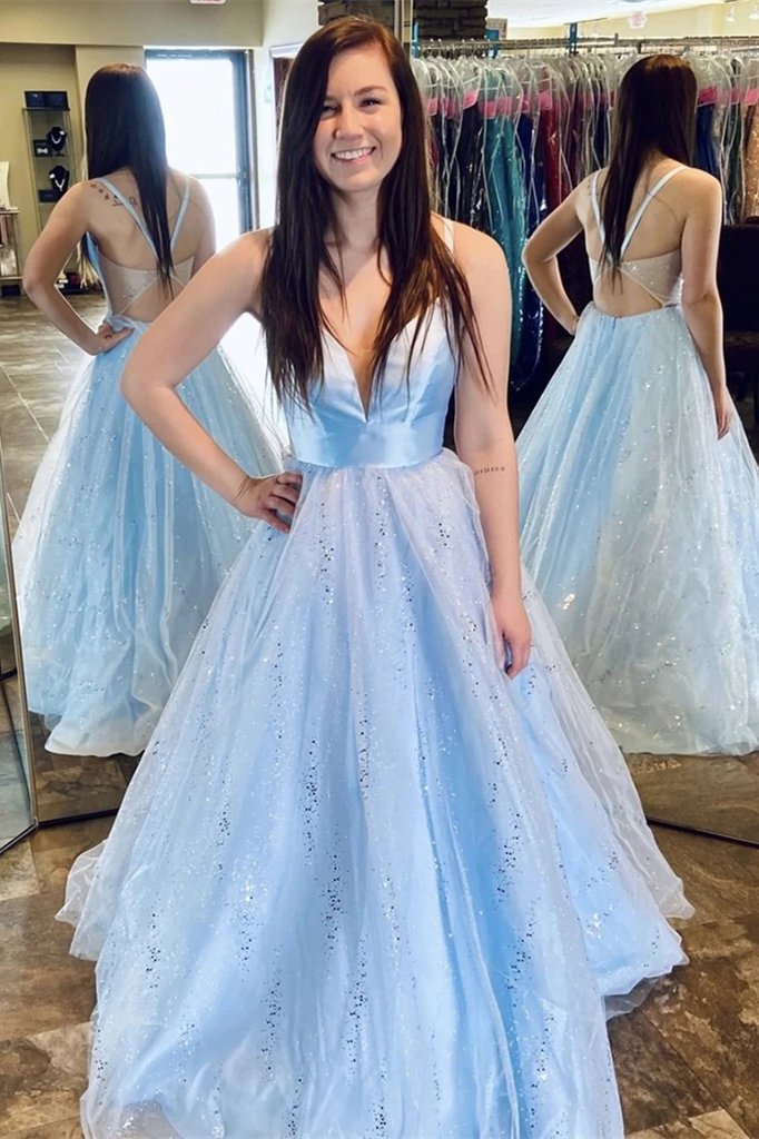 A-line v-neck tulle long prom dress light sky blue evening dress mg161