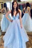 A-line V-neck Tulle Long Prom Dress Light Sky Blue Evening Dress MG161