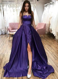 Straps purple strapless long prom dresses simple split evening dress mg252