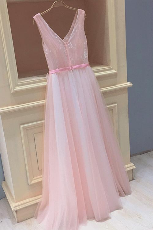 Tulle V Neck Sleeveless Pink Long Prom Dresses With Appliques MP150