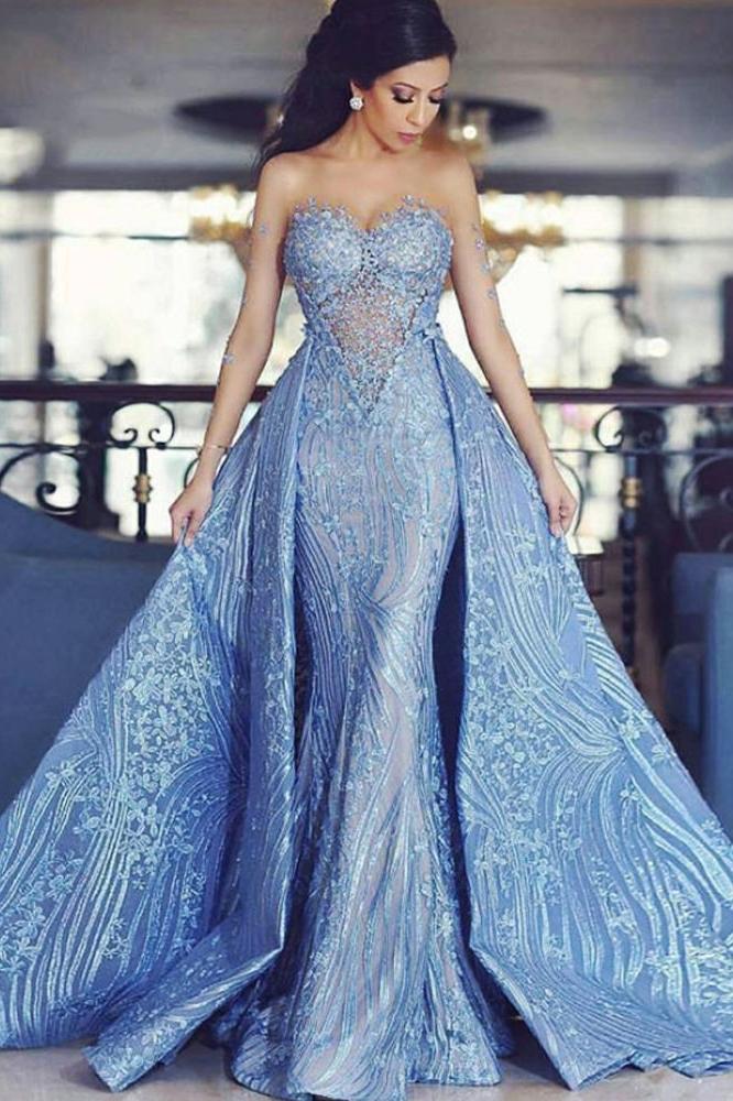 Detachable Train Mermaid Formal Evening Dresses Blue Appliques Prom Gowns MP195