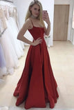 A-line Burgundy Long Prom Dresses, Satin Evening Dress With Split MG20
