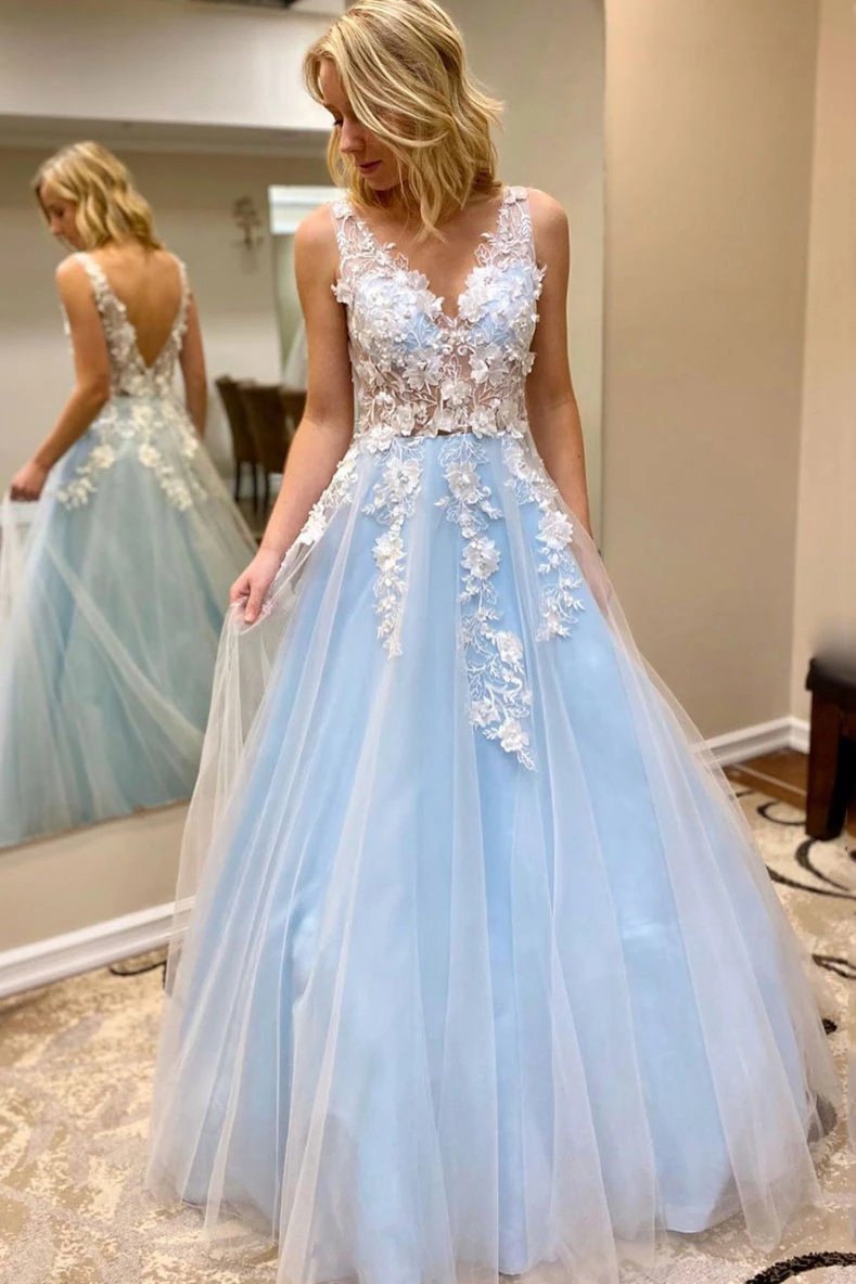 Light sky blue long prom dresses, tulle v-neck graduation dresses with lace appliques mg23