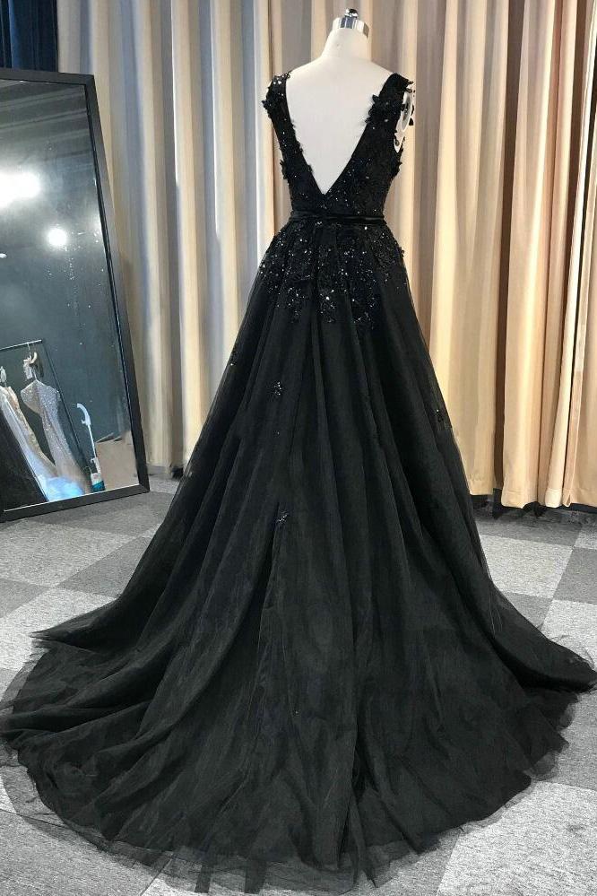 A-line Lace Appliques Black V-neck Long Prom Dresses, Charm Sleeveless Evening Dress MP60