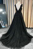 A-line Lace Appliques Black V-neck Long Prom Dresses, Charm Sleeveless Evening Dress MP60