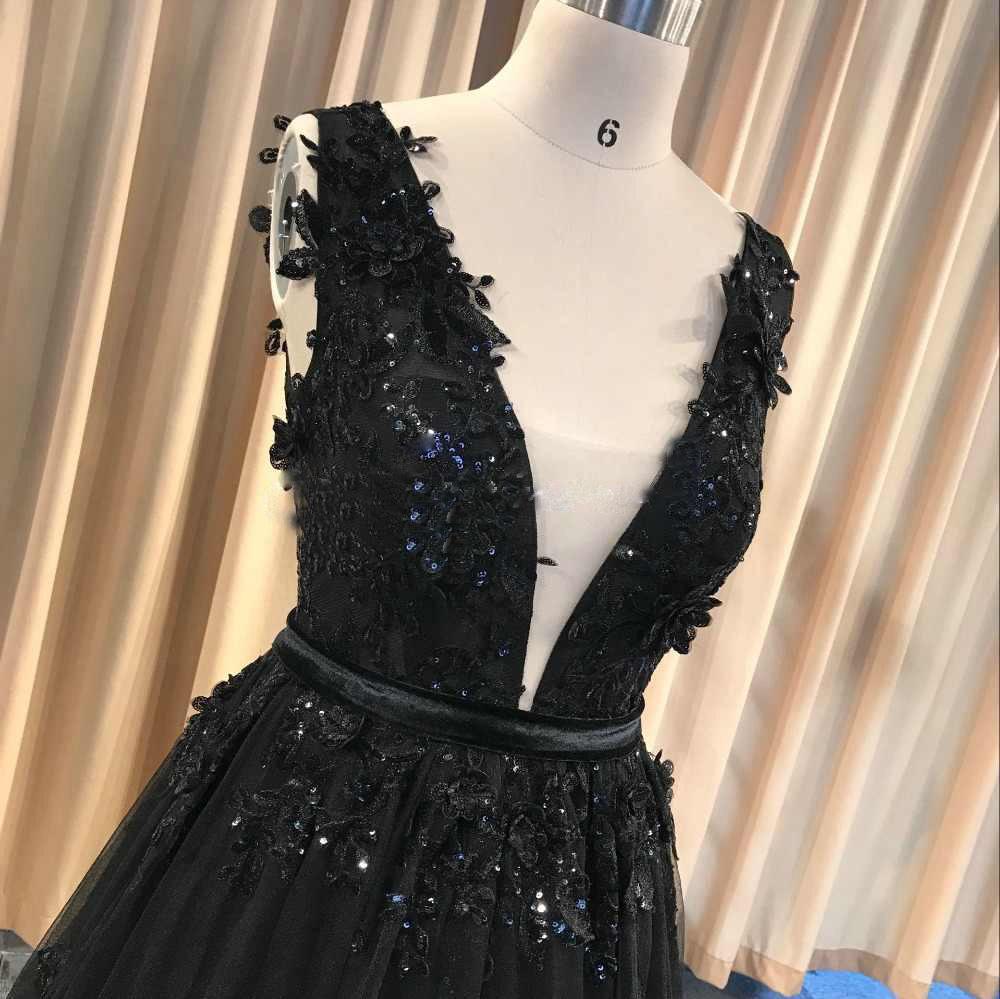 A-line Lace Appliques Black V-neck Long Prom Dresses, Charm Sleeveless Evening Dress MP60