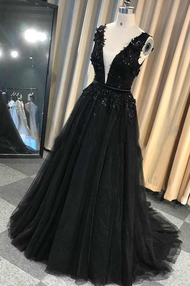 A-line Lace Appliques Black V-neck Long Prom Dresses, Charm Sleeveless Evening Dress MP60