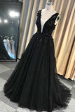 A-line Lace Appliques Black V-neck Long Prom Dresses, Charm Sleeveless Evening Dress MP60