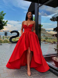 Hi-lo Sweetheart Red Satin Prom Dresses with Pockets MP15
