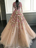Pretty illusion long sleeves 3d flower tulle prom gowns formal dress mg101