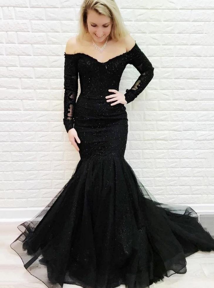 Off-the-shoulder Lace Long Sleeves Black Mermaid Prom Evening Dresses MP50
