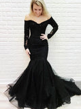 Off-the-shoulder Lace Long Sleeves Black Mermaid Prom Evening Dresses MP50