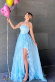 Strapless Long Prom Dresses Ice Blue Handmade Flowers Tulle Evening Dress MG17