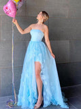 Strapless long prom dresses ice blue handmade flowers tulle evening dress mg17
