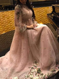 Elegant pearl pink long sleeves prom dresses with appliques beaded mg262