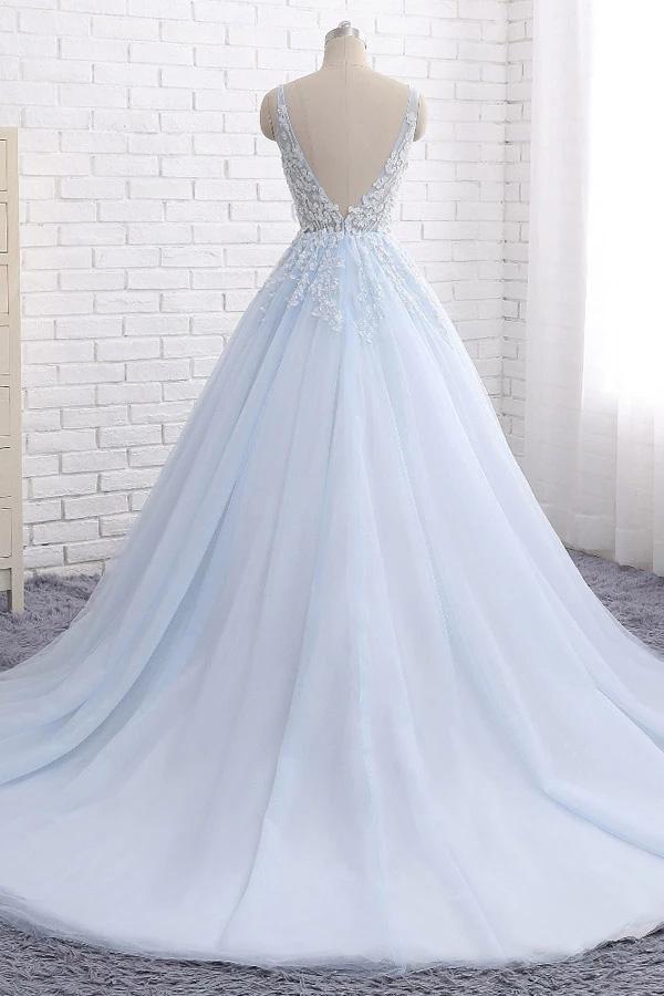 Light Sky Blue Backless Prom Dresses, V Neck Appliques Ball Gown MP57