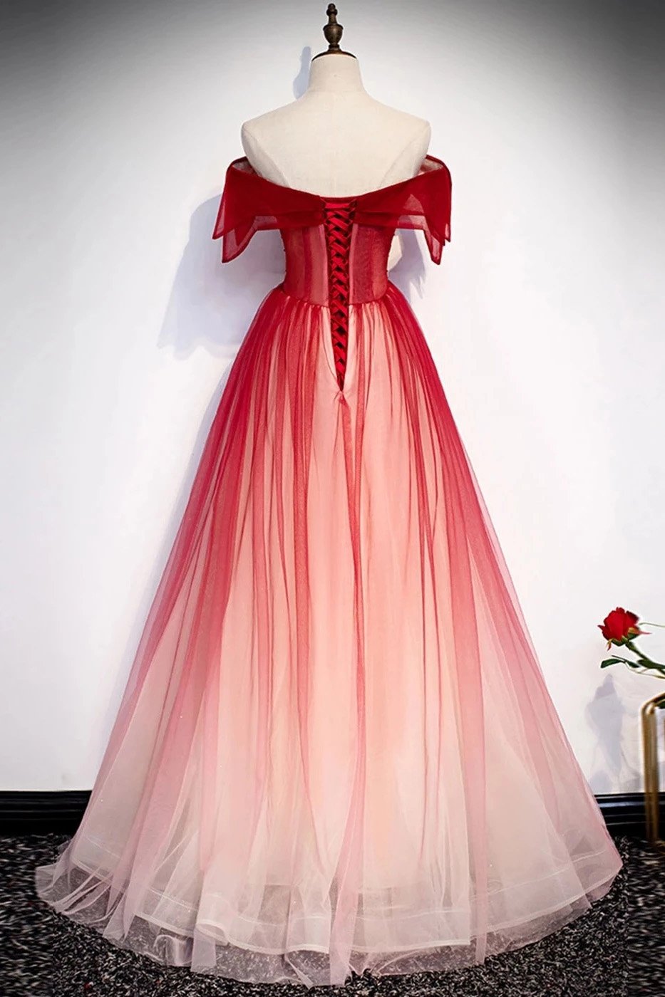 Off-Shoulder Tulle Red Long Prom Dresses, Lace Up Princess Party Gown MP61