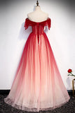 Off-Shoulder Tulle Red Long Prom Dresses, Lace Up Princess Party Gown MP61