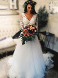 Rustic Wedding Dresses Long Sleeve Lace Tulle Boho Bridal Dress PW100
