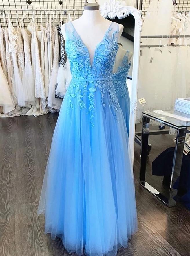 A Line V Neck Sky Blue Long Prom Evening Dresses With Appliques MP139